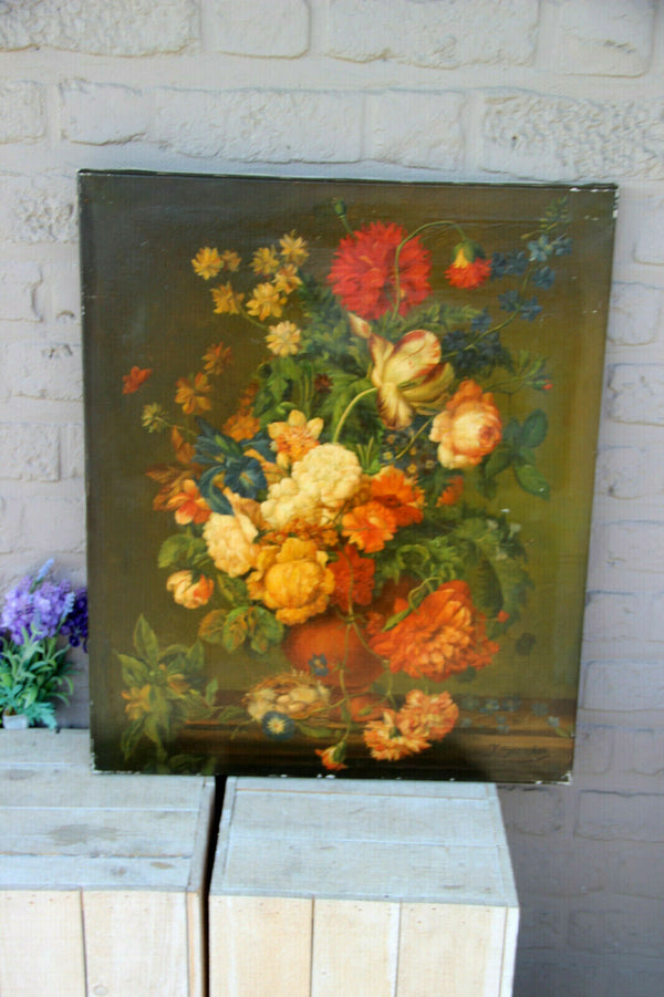 Flemish school vintage oil canvas painting floral flowers bouquet