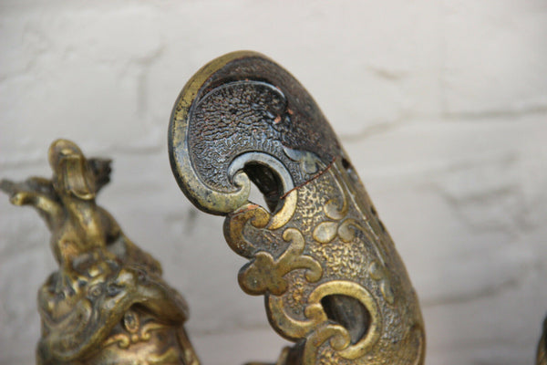 Antique PAIR French Terracotta Warrior knights lion heads statue figurines 1900