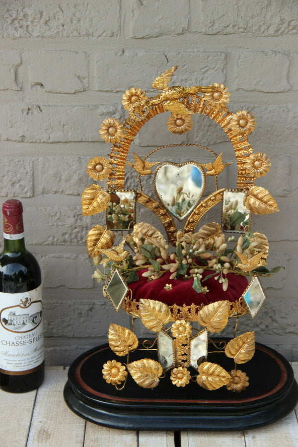 Antique Victorian Bridal wedding dome Globe Glass with tiara wax mirrors