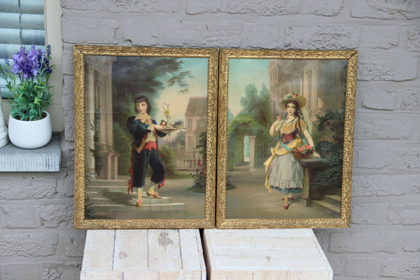 PAIR antique 19thc Chromo Litho Waiter waitress castle aristocratic framed