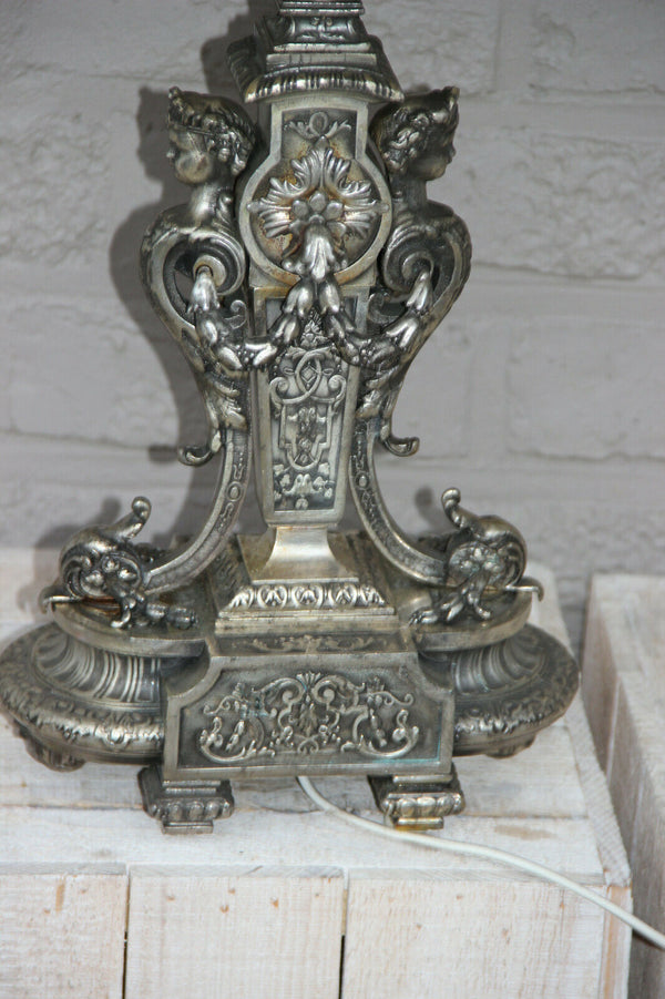 French Vintage bronze silver patina Caryatid angel cherub winged figurines lamp