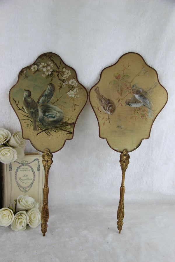 PAIR 19th c Antique French silk paint birds Fireplace screen face napoleon III