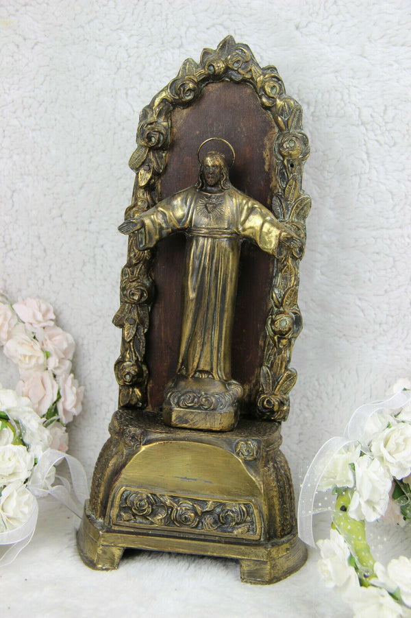 Rare Antique art nouveau 1900 spelter bronze christ in chapel religious statue