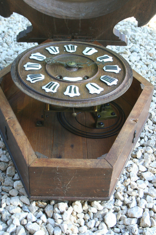 Antique Black forest wood carved hunting trophy clock fish rabbit dog 1900