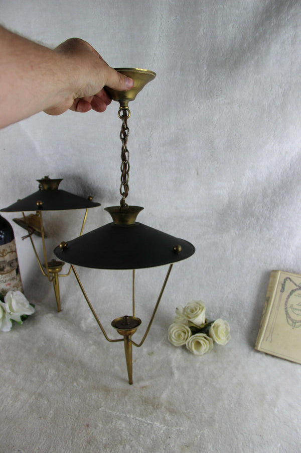 PAIR mid century Maison Arlus France 1960 pendant lantern lamps metal brass