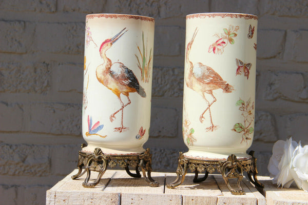PAIR antique French faience Vases heron butterfly birds Brass base