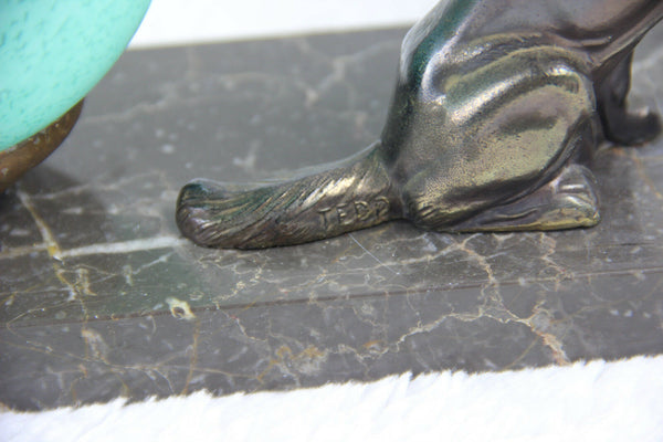 ART Deco German dog 1930 spelter bronze marble lamp signed