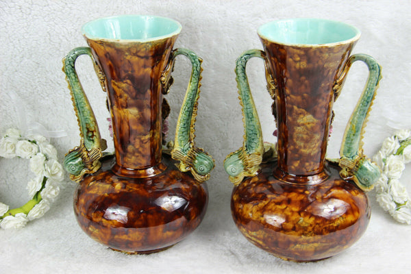 PAIR antique art nouveau barbotine majolica dolphin flowers Vases 1900 rare