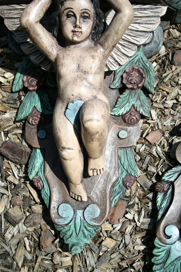 Pair Vintage Italian wood carved Cherubs Wall Console polychrome