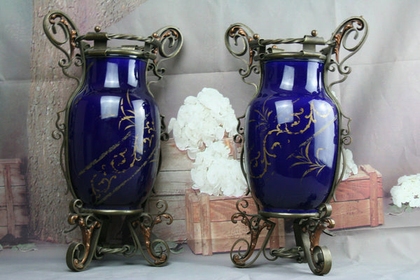 PAIRE Castle neo gothic French Faience Vases urns Cassolettes Blue wrought iron