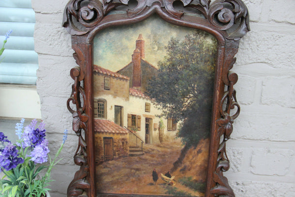 Rare antique black forest wood carved Frame with oil panel painting chickens