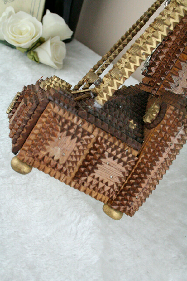 French tramp art wood carved Crucifix Christ cross folk artisan