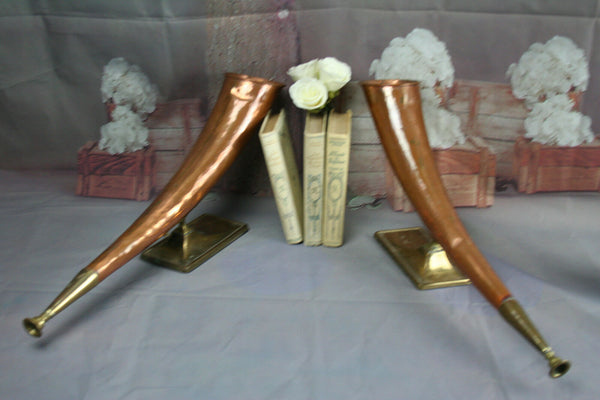 Set of 2 Dutch Antique Copper Huntings horns mounted on base 19th c