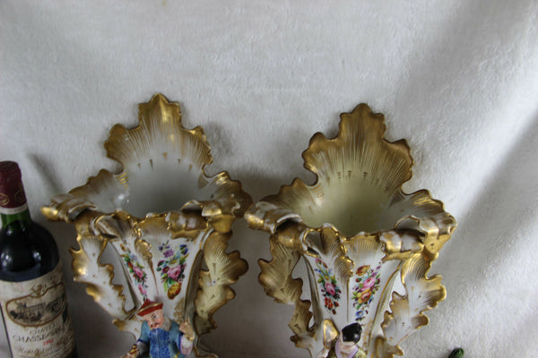 PAIR antique rare Vieux paris Vases japanese figurines geisha floral 19thc