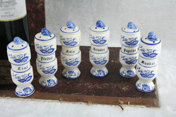 Vintage 70's Kitchen rack wood delft blue white pottery 6 shakers herbs