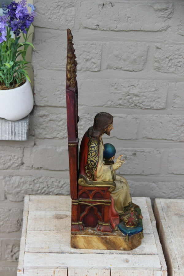 Antique Large Chalkware polychrome religious christ King throne Statue figurine