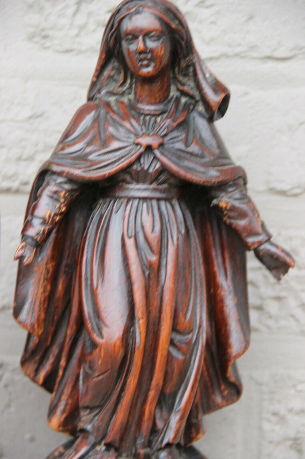 Antique Flemish 18th c oak Wood carved madonna statue figurine religious