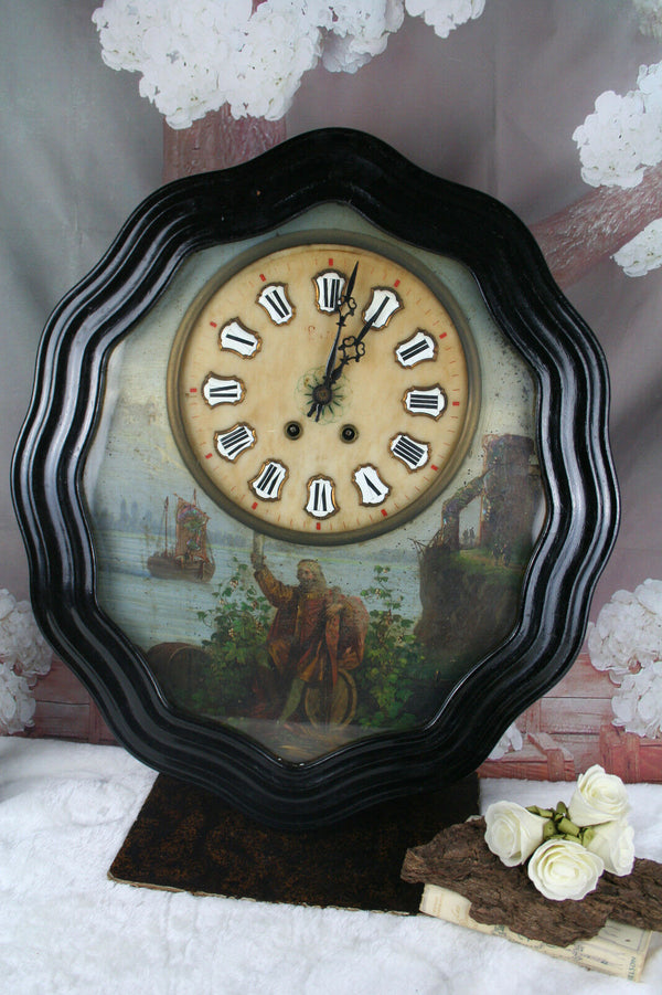 French ' Oeil de boeuf' wall clock 1880 oil on copper marine painting rare