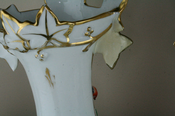 Rare Antique 19thc old paris vieux porcelain Salamander bird Vases dog scene