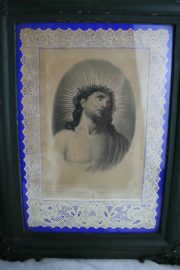PAIRE FRENCH 19th c portraits Mary JEsus latin text in its original frame wood