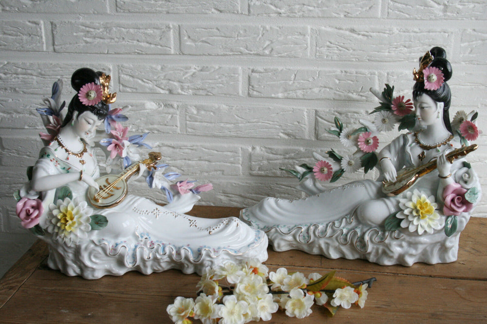 PAIR Japanese geisha porcelain figurines statue floral music playing