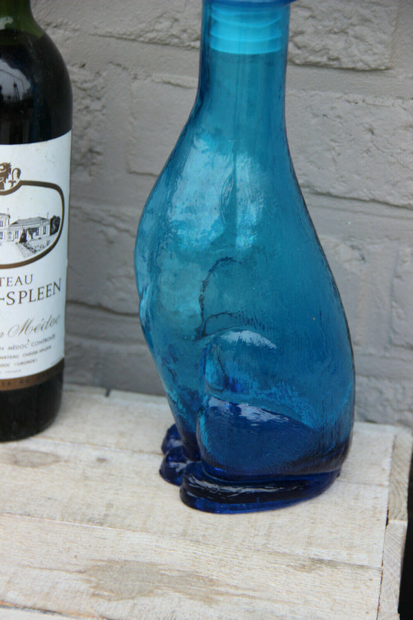 Vintage italian empoli glass decanter 1970 blue coloured dachshund dog decanter