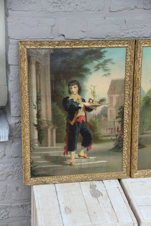PAIR antique 19thc Chromo Litho Waiter waitress castle aristocratic framed