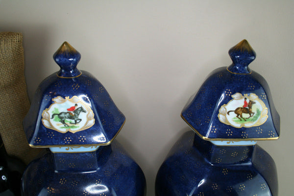 PAIR  French vases in Limoges porcelain hunting dogs horses scene marked