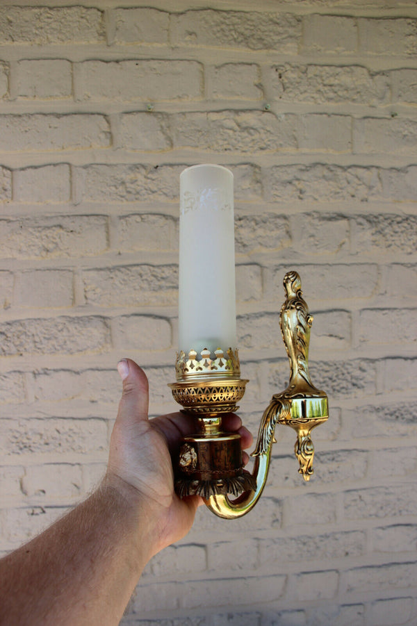 Set 3 French brass metal glass lion heads Wall lights sconces