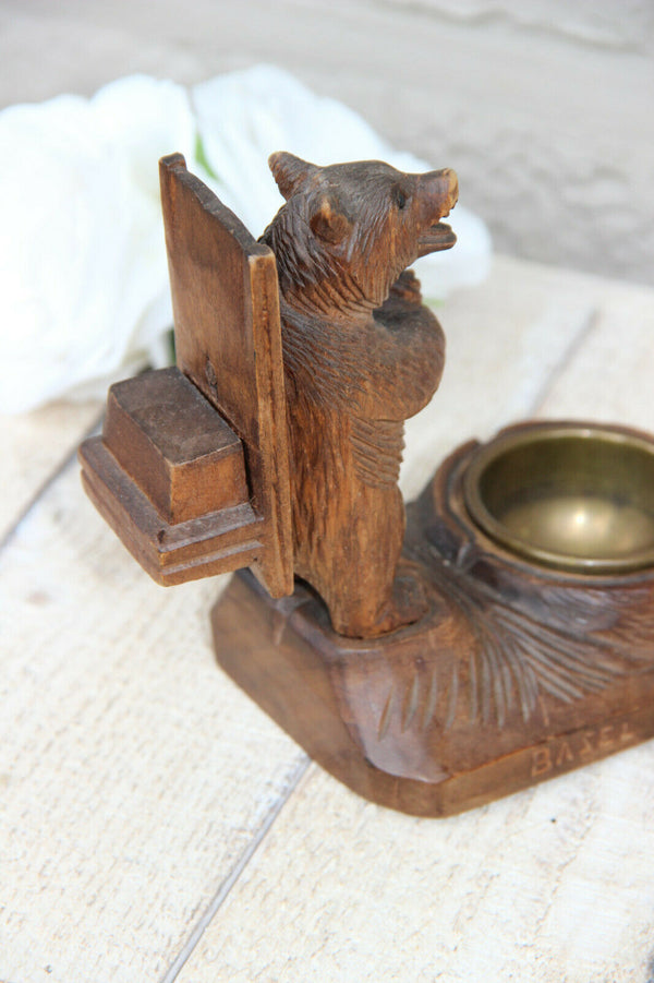 Antique hand Black forest wood carved swiss bear statue ashtray match holder