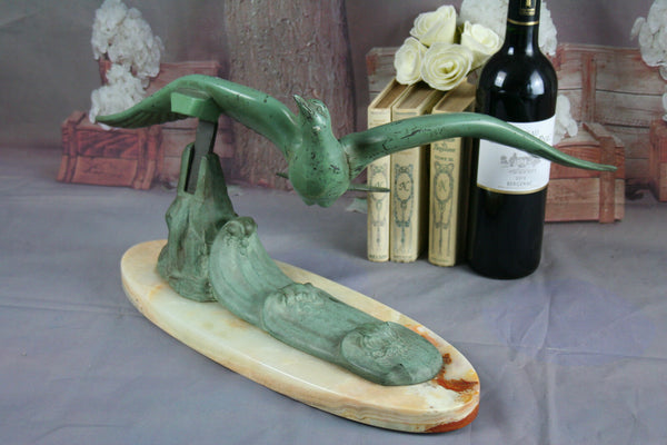 ART Deco 1930's French Metal green patinated Bird on onyx base sculpture