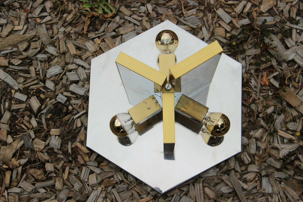 Mid century SCIOLARI marked flush mount lamp chandelier mirrored metal 1960 n1