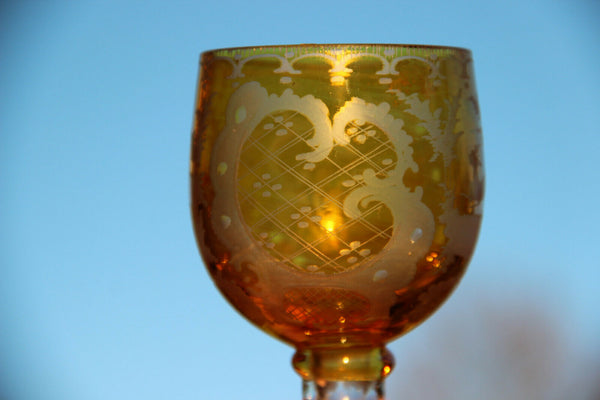 Antique Set 4 Bohemia yellow Crystal glass glasses deer hunting theme