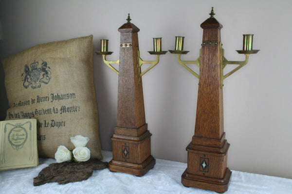 PAIR art nouveau french Religious  Wood brass Candle holders 1935 Rare