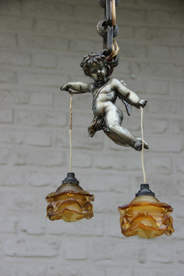 Superb antique parisian bronze putti angel pendant lantern chandelier