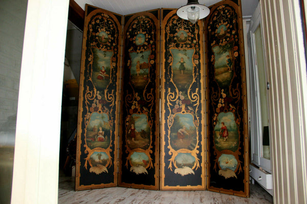 Antique XL French folk art 4 season putti animal Childs hand paint Room screen