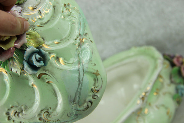 Huge italian Majolica centerpiece lidded bowl relief flowers