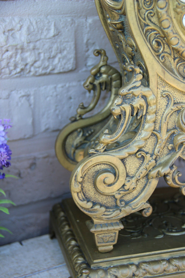 XL Antique French bronze gothic castle dragon devil lion paws putti head clock