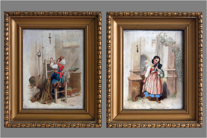 PAIR Gorgeous French Master unsigned Oil panel girls school  nun 1940