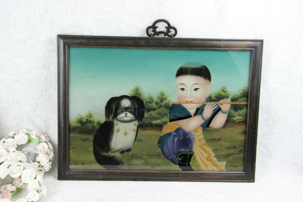 Chinese EGLOMISE Reverse glass painting child pekinese dog
