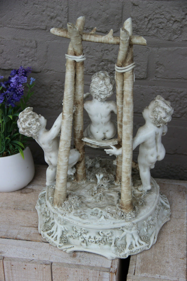 LARGE italian capodimonte marked porcelain bisque putti cherub group swing