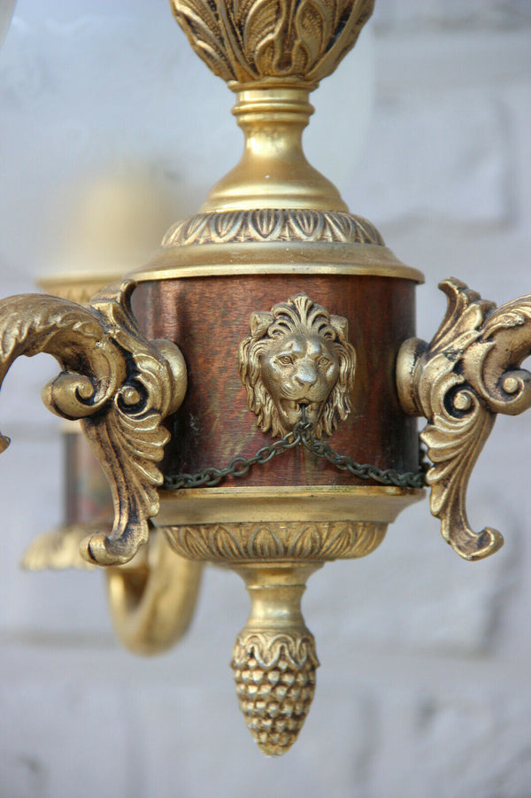 Vintage French brass 3 arm lion heads Chandelier glass globes 1970