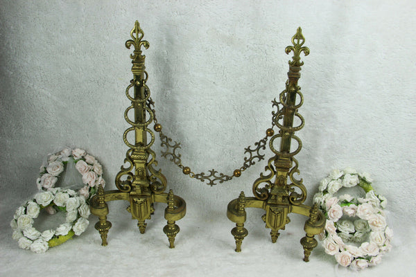 PAIR antique Bronze fleur de lys French fireplace andirons shields armor
