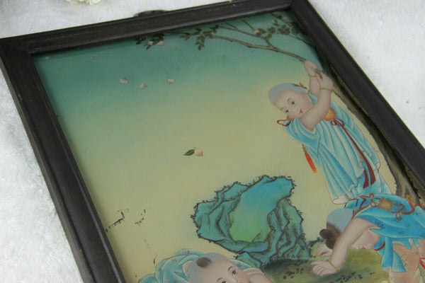 Antique Chinese eglomise reverse oil glass painting children playing signed