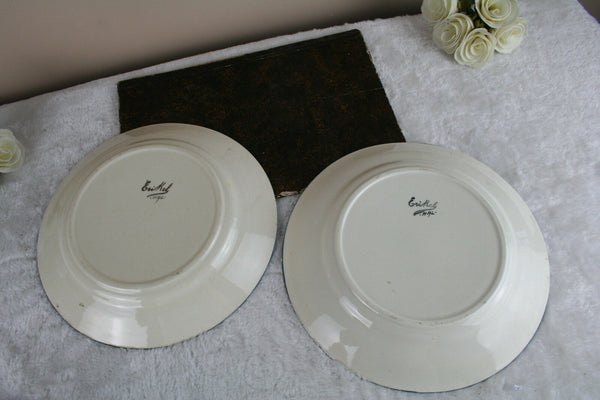 PAIR Faience pottery Plates floral hand paint decor French 1950's signed