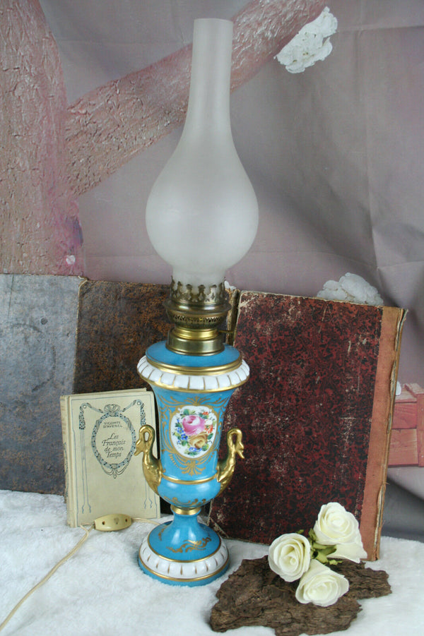 Antique french vieux paris porcelain Swan empire floral lamp marked