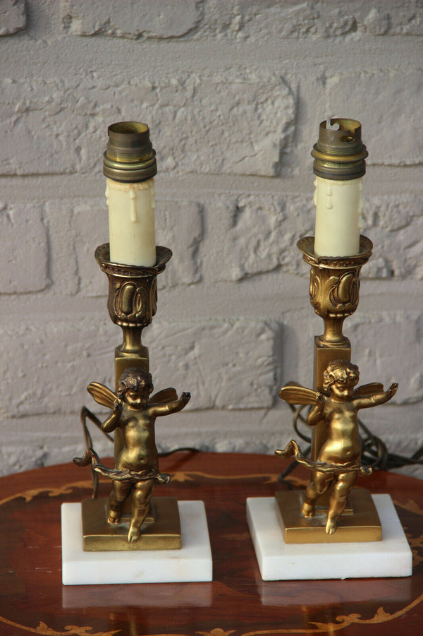PAIR antique bronze putti angels night table lights lamps onyx marble base 1920