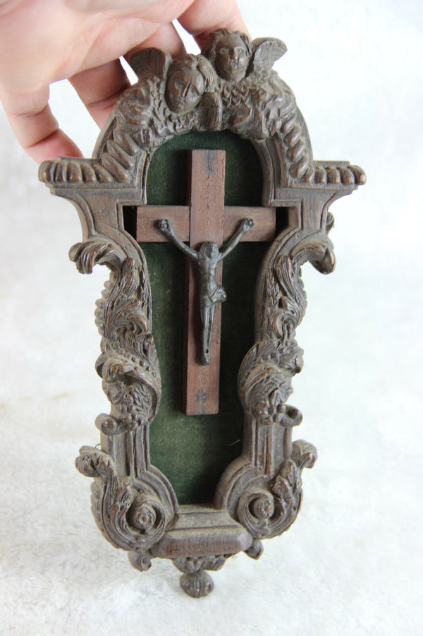 1800 Antique french wood carved Jansenist Christ Curicifix wall plaque putti