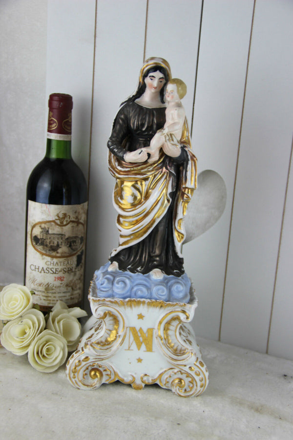 Rare Antique Religious top Vieux paris porcelain madonna MAry Statue figurine