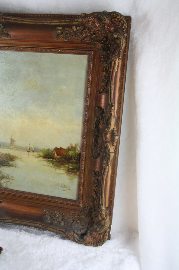 Holland Oil Canvas painting Dutch farm on the lake 1910 circa signed Willers